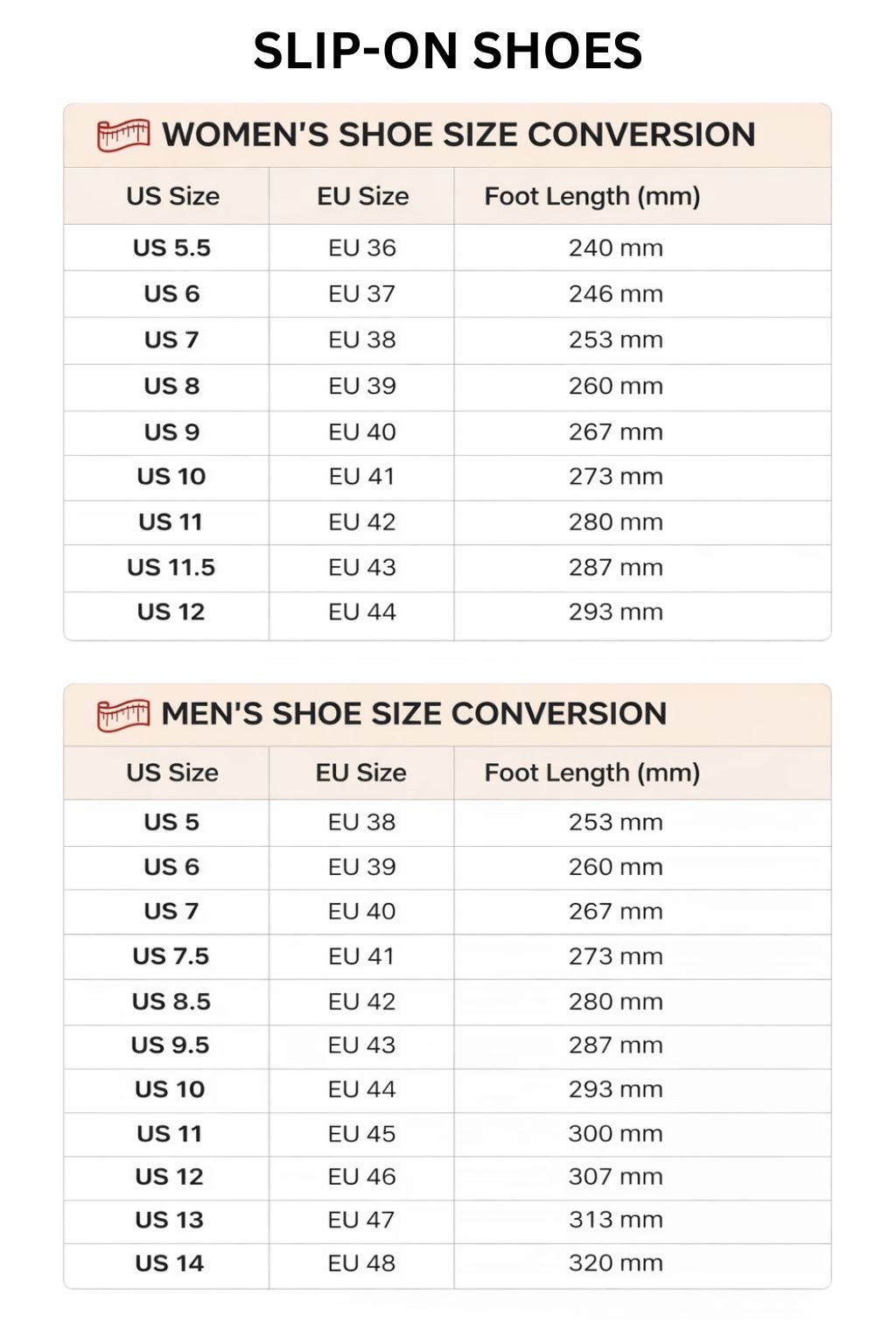 Slip On Shoes Size Chart - Danganronpa Shop